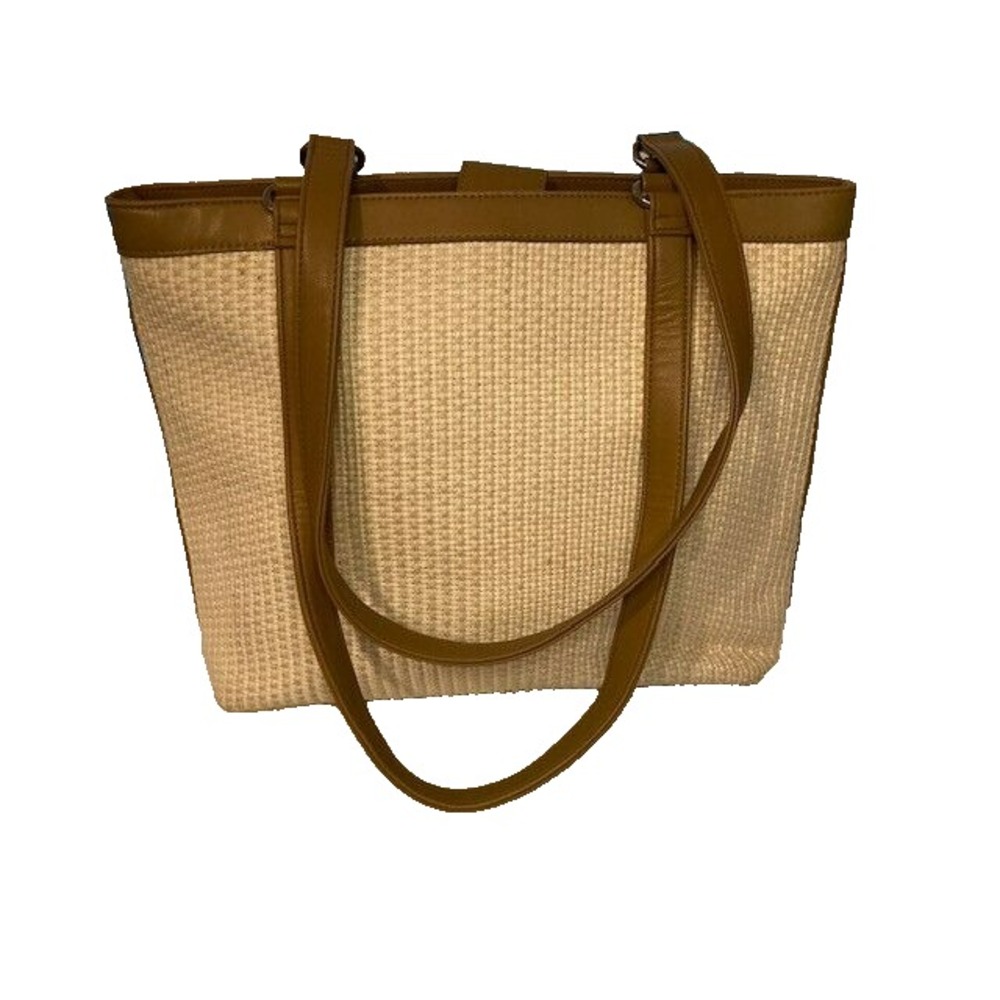 Vtg FOSSIL Cream Woven Leather Rattan Beach Shoulder Bag with Brown straps